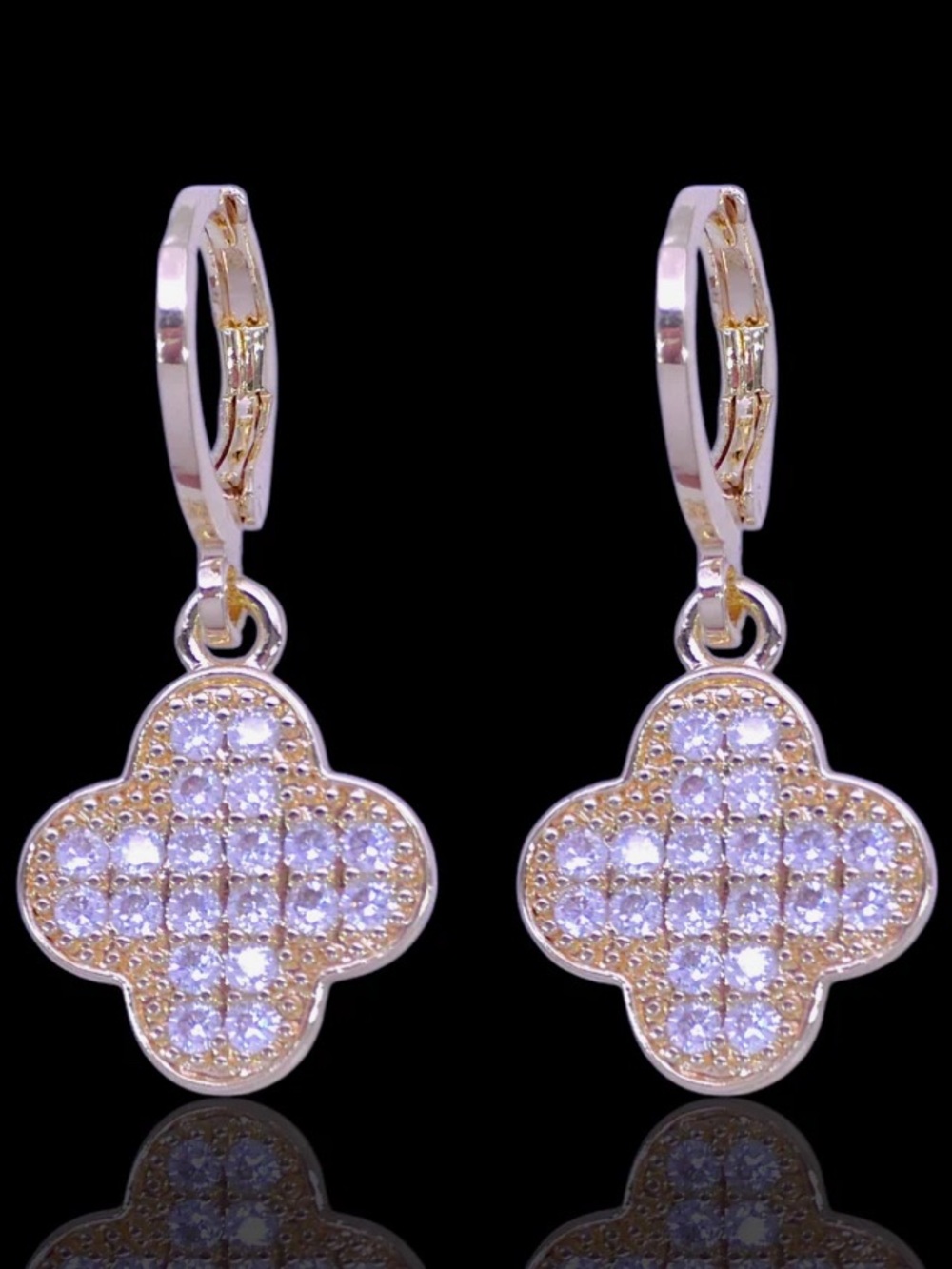 Gold filled Clover Drop Earrings with cubic Zirconia- Women Jewelry
